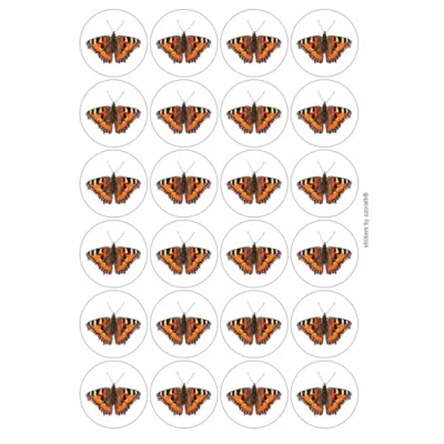 Image of Tortoiseshell Butterfly Circular Matt Paper Stickers A4 Sheet of 24 (Each Sticker is 45mm Diameter)