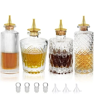Image of Bitters Bottle 4pcs Glass Dash Set Gold Corkscrew for Cocktail (4pcs)