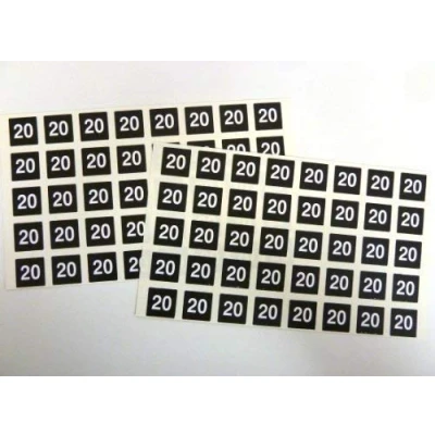 Image of Number 20, White Numbers on Black 20x20mm Square Labels