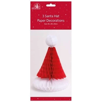 Image of 3 x Honeycomb Santa Hat Party Xmas Decoration Tablescape Window Sill Red &amp; White