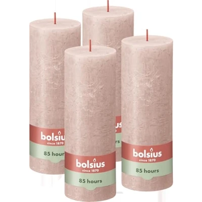 Image of Bolsius Rustic Pillar Candle Soft Pink Pack of 4 Long Burning Time 85 Hours Household Interior Decoration Unscented Natural Vegan Wax No Palm Oil 19 x 7 cm