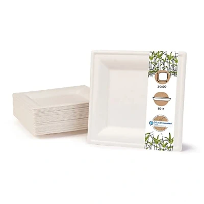 Image of BIOZOYG Environmentally Friendly Disposable Bagasse cockery Set 50 Pieces whitely Bleached Square Sugar Cane Plate of 20x20 cm. Bio Bowls, Party Plates and Bowls