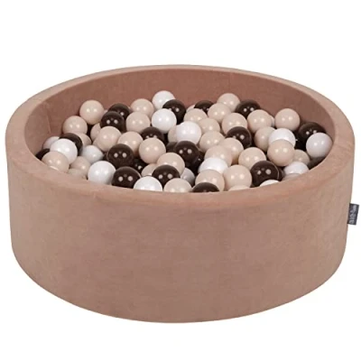 Image of KiddyMoon Soft Ball Pit Round 90X30cm/300 Balls ∅ 7Cm / 2.75In For Kids, Foam Velvet Pool Baby Playballs, Made In EU, Desert Pink:Pastel Beige/Brown/White