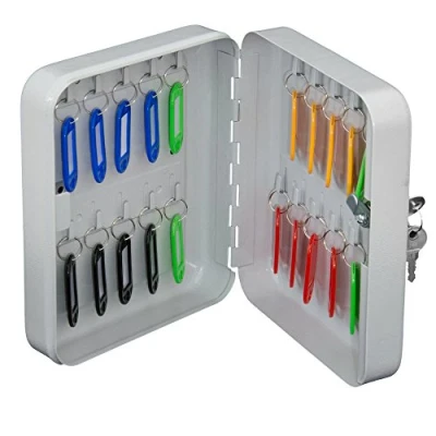 Image of Unbekannt Cabinet Box Made of Varnished Steel Lockable Hooks and Key Lock, Includes Writeable Keyrings, 20 x 16 6 cm, Light Grey, Alloy, Gray, Schlüssel