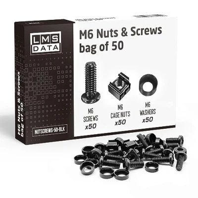 Image of LMS Data M6 Cage Nuts Screws and Washers Set Assortment Bolts Kit for Rack Mount Cabinets, Server Shelves Fixing Installation (Black, 50)