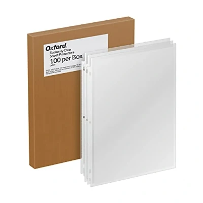 Image of Oxford Sheet Protectors, Clear Finish, Top Load, Letter Size Plastic Sleeves, Reinforced 3 Hole Punch for Binders, Sheets Ring Binder, 100 per Box (33267)