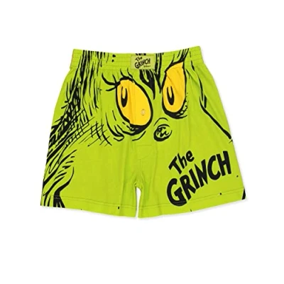 Image of Dr. Seuss The Grinch Holiday Men&#039;s Button Fly Boxer Lounge Shorts, Green/Brown, S