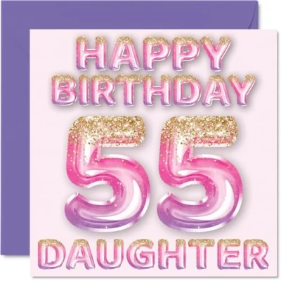 Image of 55th Birthday Card for Daughter Pink &amp; Purple Glitter Balloons Happy Cards 55 Year Old from Mum Dad Parents, 145mm x Bday Greeting Gift