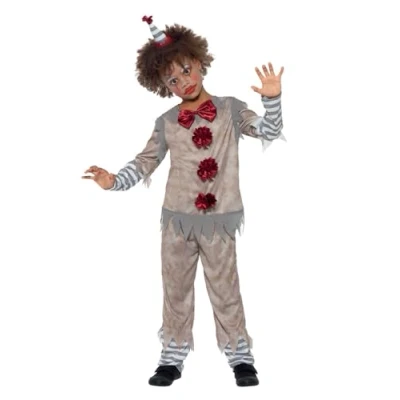 Image of Smiffys Vintage Clown Boy Costume, Grey &amp; Red with Top, Trousers Headband, Halloween Child Fancy Dress, Dress Up Costumes