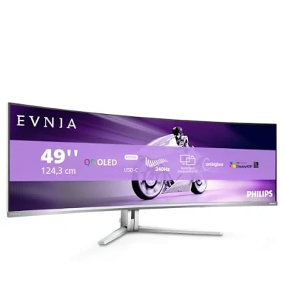 Image of PHILIPS Evnia 49M2C8900AM 49 inch QD OLED curved gaming monitor, 240 Hertz, 0.03ms GtG, HDR400, Ambiglow (5120x1440, HDMI 2.1, DisplayPort 1.4, USB C, Hub) white