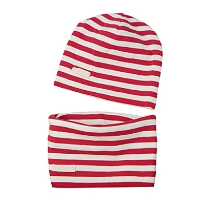 Image of LACOFIA Baby Girls Beanie Hat and Collar Scarf Set Kids Super Soft Cotton Cap Infant Knit Hats Bandana Scarves 2 Pack Red Stripe 7 Months to Year M
