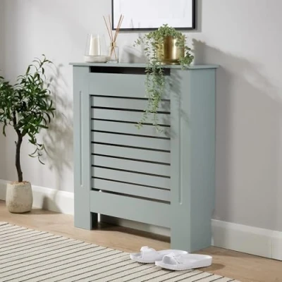 Image of Home Source Radiator Cover Wooden Wall Cabinet Shelf Slatted Grill, MDF, Grey, Small