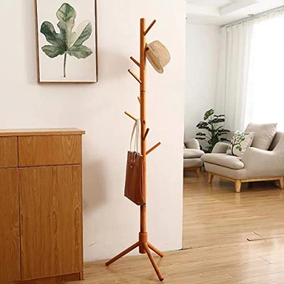 Image of Bamboo Coat Rack Tree with 8 Hooks, Free Standing Wooden Rack, Entryway Hanger Stand, Easy Assembly Hallway Solid Base for Hat, Clothes, Scarves, Handbags, Umbrella