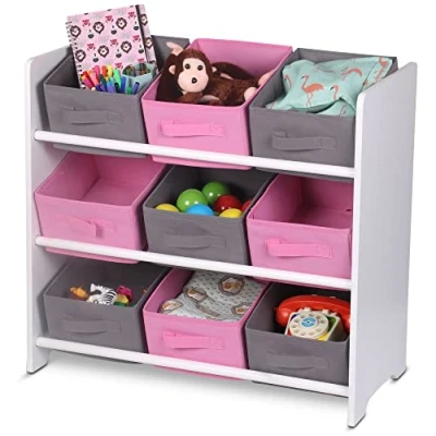Image of ASAB Kids Wooden Storage Unit With 9 Baskets Toy Organiser Removable Fabric Books Shelf Cabinet For Playroom Children Room MDF Material (Pink/Grey)