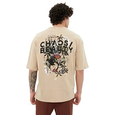 Image of Trendyol Man Young Oversize Basic Crew Neck Knitted T Shirt Beige