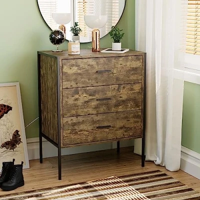 Image of Vida Designs Brooklyn Industrial Chest of Drawer Rustic Bedroom Storage Unit, Cabinet Dresser with Metal Frame (Dark Wood, 3 Drawer)