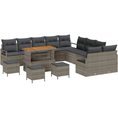 Image of vidaXL 14 Piece Garden Sofa Set with Cushions Grey Poly Rattan Acacia