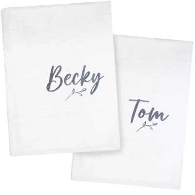 Image of TeddyT&#039;s Personalised His &amp; Hers White Leaf Bath Towels Gift Set