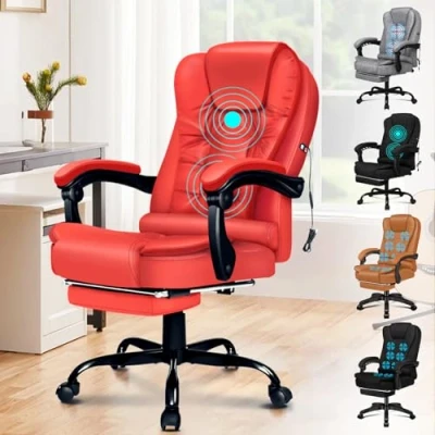 Image of ELFORDSON Executive Office Chair for Home Office, PC with Footrest, PU leather Back Support Adults, Ergonomic Chairs (Red)