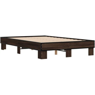 Image of vidaXL Double Bed Frame in Brown Oak 135x190 cm Engineered Wood/Metal Construction Modern Bedroom Furniture with Headboard &amp; Plywood Slats