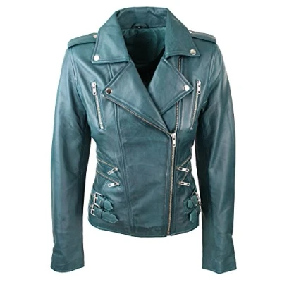 Image of Womens Ladies Real Soft Leather Racing Style Biker Jacket Teal Green