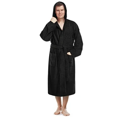 Image of Arus Men&#039;s bathrobe with hood, calf length, 100% cotton terry, man&#039;s size: XXL, unisex XXL 3XL, Black