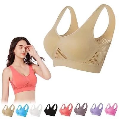 Image of Breathable Cool Lift Up Air Bra, Seamless No Underwire Permeable Cooling Comfort Bra,Mesh Sports Bras for Women (Beige,L)