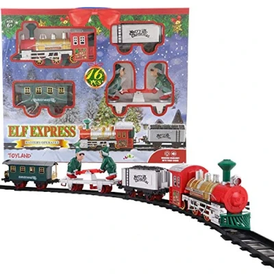 Image of Toyland® 16 Piece Elf Express Christmas Train Set With Lights &amp; Sound Featuring Moving Carriages 3 Differet Layouts