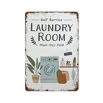 Image of Antique Bathroom Sign Laundry Room Print, Wall Art, Sign, Utility Artwork, Illustration Retro Decor Metal Home Tin Signs 12x8 inch