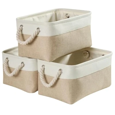 Image of Mangata Canvas Storage Box set of 3, Foldable Fabric Baskets with Handles for Cupboards, Wardrobe, Shelves, Bathroom, Clothes, Toys, Towel (Medium, Khaki White)