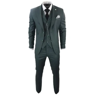 Image of Mens Classic 3 Piece Suit Olive Green Pocket Chain Wedding Tailored Fit Vintage Formal 44