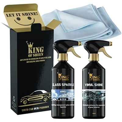 Image of King of Sheen Interior Car Cleaning Kit Vinyl Shine 500ml and Glass Sparkle + Professional Microfibre Cloth