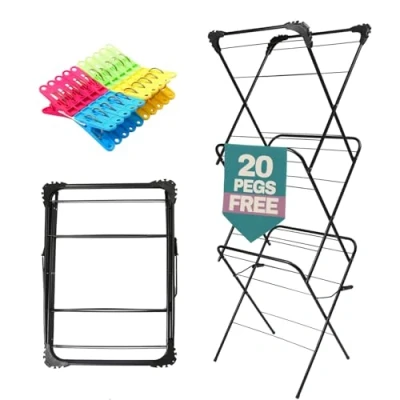 Image of Marco Paul 3 Tier Clothes Airer with 20 Pegs Towel Washing Laundry Dryer Concertina Folding Fold Down Indoor Outdoor Patio Space Saving Rack Drying Standing (BLACK)