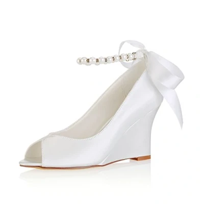 Image of Emily Bridal Ivory Wedding Shoes Silk Peep Toe Pearls Wedge (EU39/UK6, Ivory)