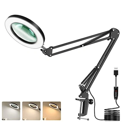 Image of Magnifying Glass with Light, Adjustable 5X Magnifier Desk Lamp 3 Colors Illuminated USB Swivel Arm, 10 Light