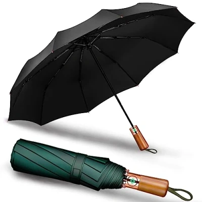 Image of Yaneno Windproof Travel Folding Umbrella Compact Light Real Wood Handle Automatic Open Close Button Strong and Portable Wind Resistant for Rain (Black)