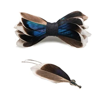 Image of JEMYGINS Handmade Feather Pre tied Bow tie and Brooch Sets for Men (15)