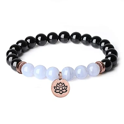 Image of COAI Lotus Stone Beaded Bracelet Blue Lace Agate Black Tourmaline for Women