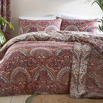 Image of Dreams &amp; Drapes Maroon Jacobean Duvet Cover Super King Bedding Size (260 x 220cm) Reversible Designs 2x Pillowcases Moroccan Bohemian in Red Exotic Persian Boho Bed