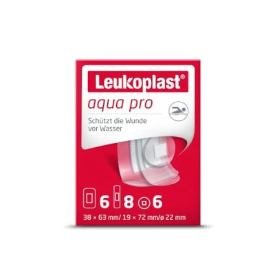 Image of Leukoplast Aqua pro Non Sterile Wound Dressing Strips Waterproof and Absorbent, First aid Plasters Protects While Swimming Showering Transparent 2 Assorted Sizes 20 Count