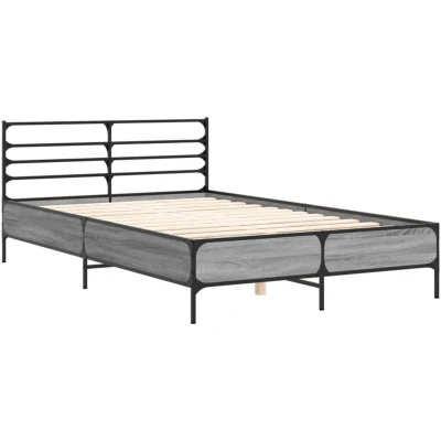 Image of vidaXL Grey Sonoma Double Bed Frame 135x190 cm Engineered Wood with Metal Legs and Plywood Slats, Modern Bedroom Furniture