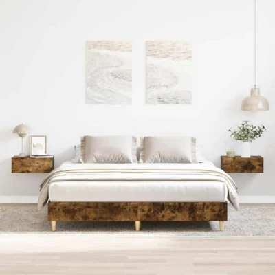 Image of vidaXL king size smoked oak wood bed frame 203x153x25 sleek design for modern bedrooms engineered and eucalyptus slat support, fits 150x200 cm mattress (mattress not included)