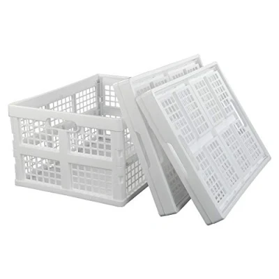 Image of Asking Set of 3 Plastic Stackable Filding Storage Crate, 30 L Collapsible Basket, White