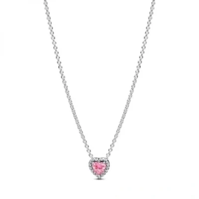 Image of Pandora Silver Elevated Heart Pink Crystal Necklace