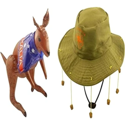 Image of B4E Adult Australian Hat with corks &amp; 70cm Inflatable Kangaroo