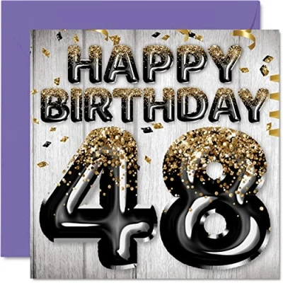 Image of 48th Birthday Card for Men Black &amp; Gold Glitter Balloons Happy Cards 48 Year Old Man Dad Cousin Friend Brother Uncle, 145mm x Forty Eight Eighth Greeting Gift
