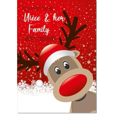 Image of doodlecards Niece and Family Christmas Card Rudolph in Snow Medium Size for &amp; with Plain Envelope