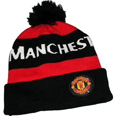 Image of Manchester United Official Collection Bobble Hat, Rouge and noir