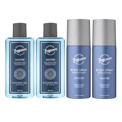 Image of Designer Fragrances Savore Men&#039;s Bundle Each Package Includes 2 x 150ml Body Spray Deodorant Cans 250ml Shower Gels For Instant Freshness Long Lasting Smell Great Male Gift Sets