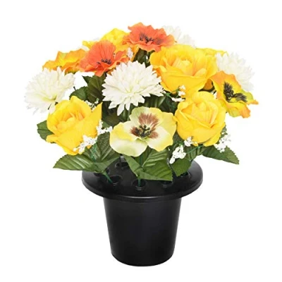 Image of Everyday Floral ARTIFICIAL YELLOW PANSY CHRYSANTHEMUM &amp; ROSE GRAVE POT WITH 16 FLOWERS VASE INSERT MEMORIAL